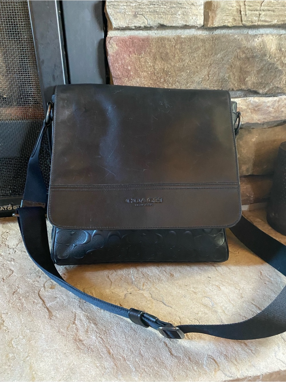 Coach Houston Map Black Leather Messenger Bag